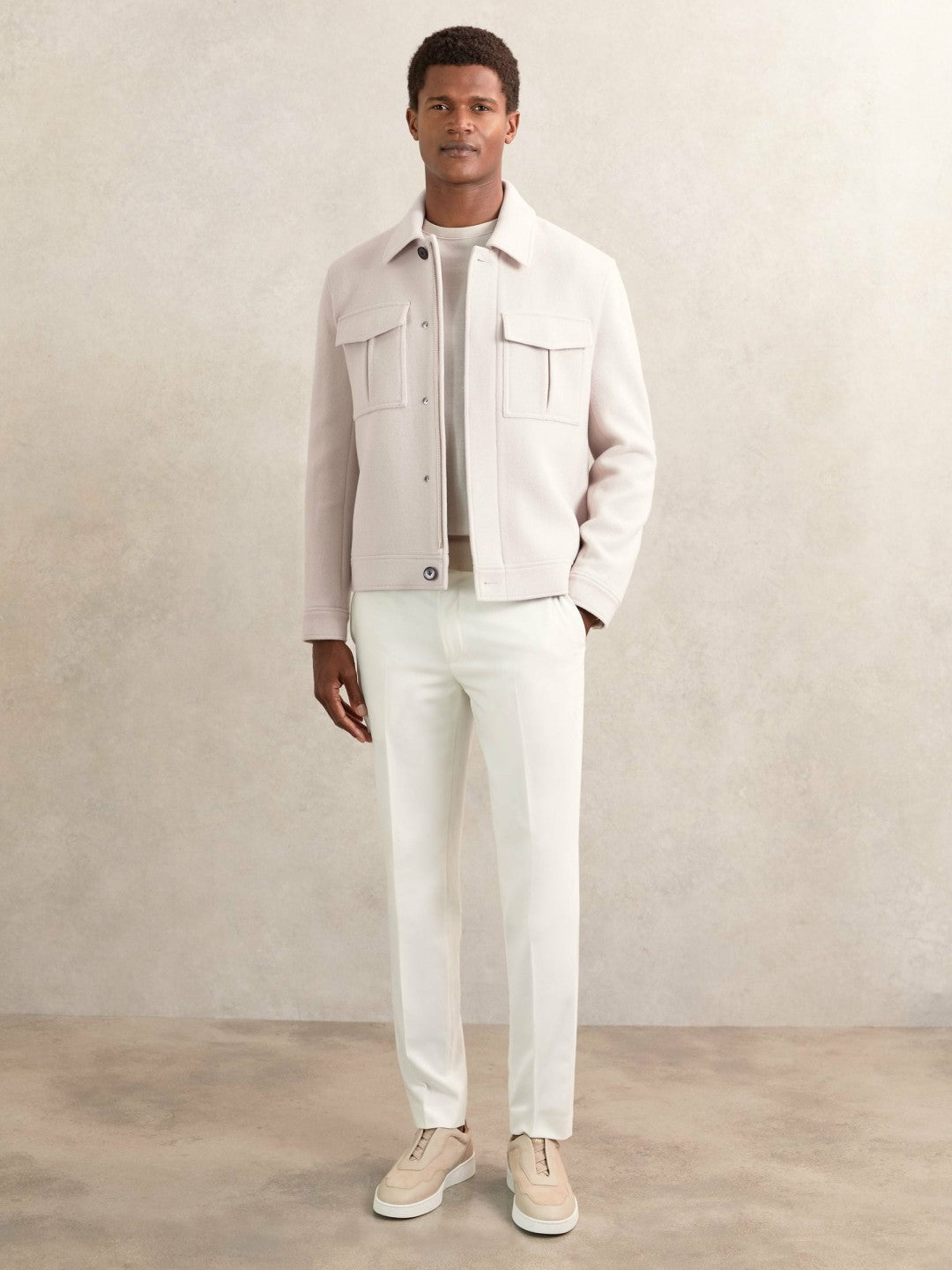 Wool Blend Twin Pocket Zipped Jacket Ivory | Mens