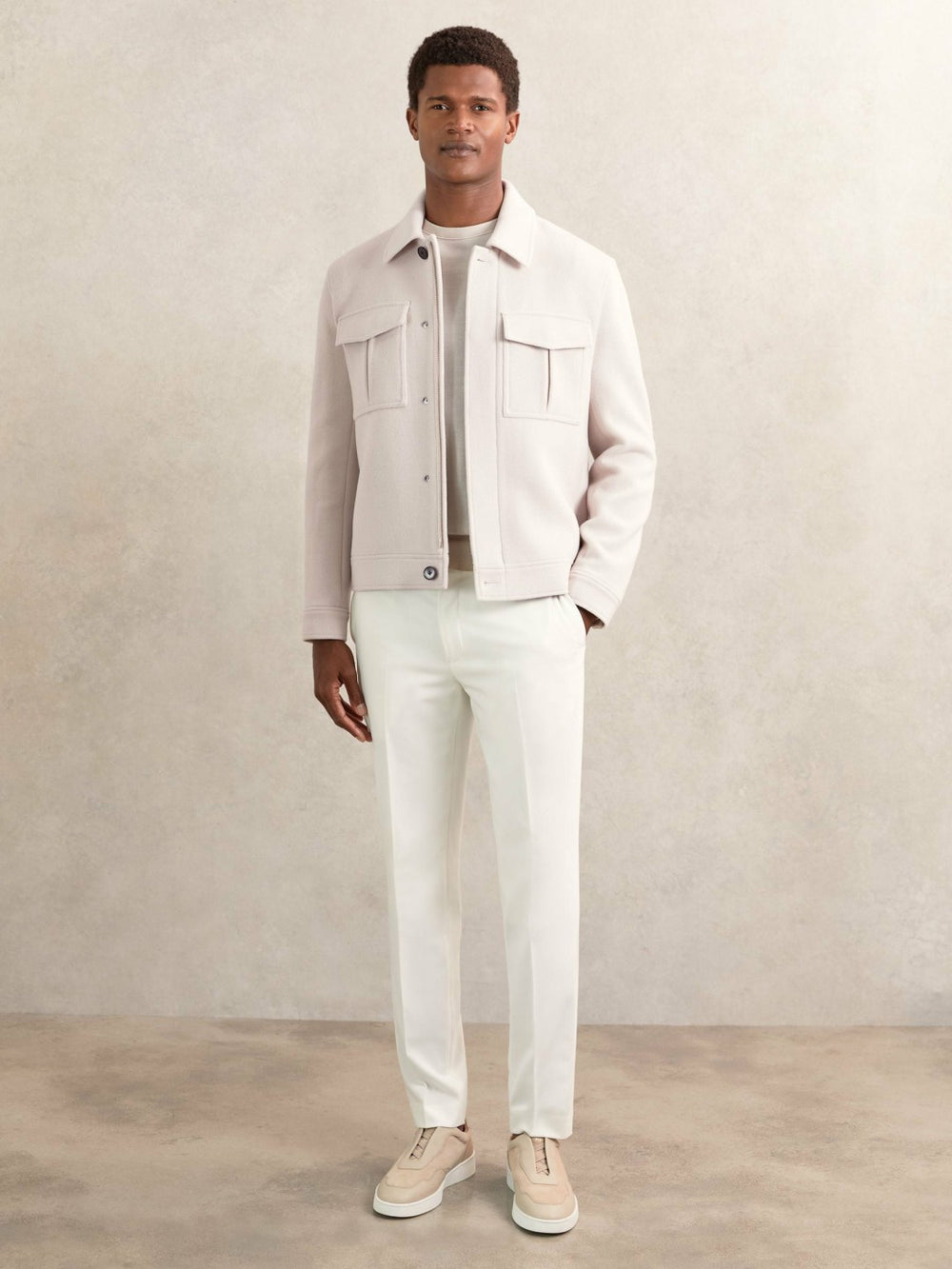 Wool Blend Twin Pocket Zipped Jacket Ivory | Mens