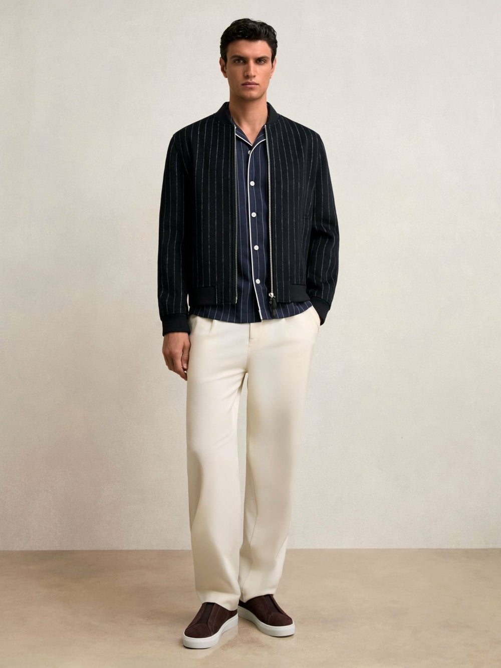 Wool-Blend Chalk-Stripe Bomber Jacket Navy | Mens