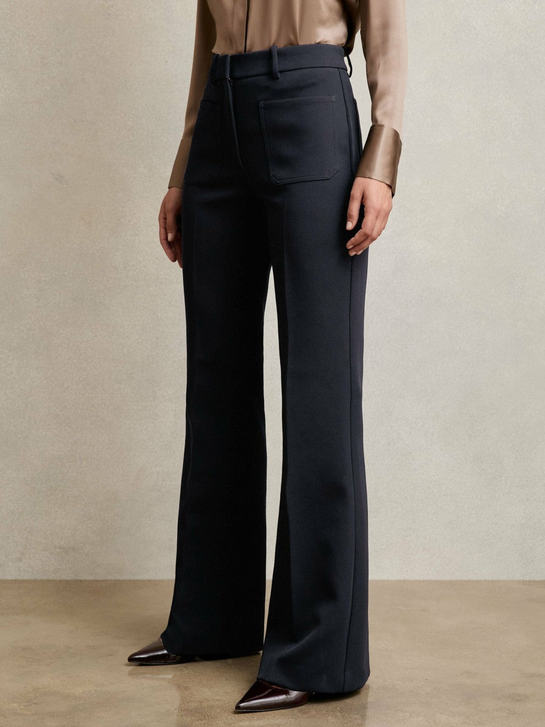 Twill Patch-Pocket Flared Trousers Navy | Womens