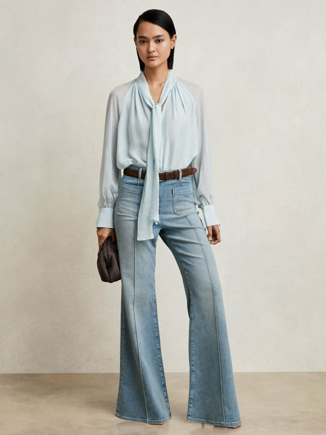 Silk Blend Chiffon Tie-Neck Blouse Pale Blue | Womens