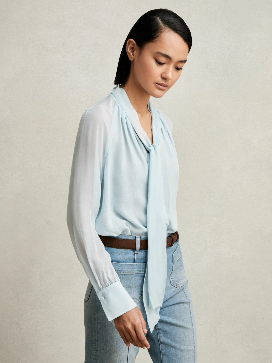 Silk Blend Chiffon Tie-Neck Blouse Pale Blue | Womens