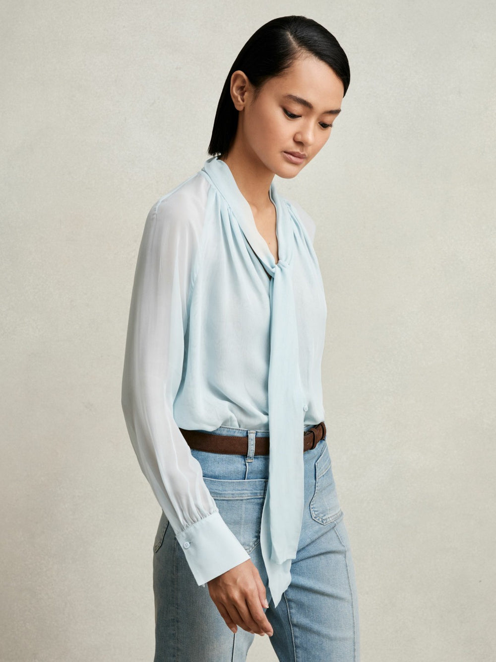 Silk Blend Chiffon Tie-Neck Blouse Pale Blue | Womens