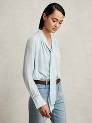 Silk Blend Chiffon Tie-Neck Blouse Pale Blue | Womens