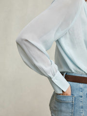 Silk Blend Chiffon Tie-Neck Blouse Pale Blue | Womens