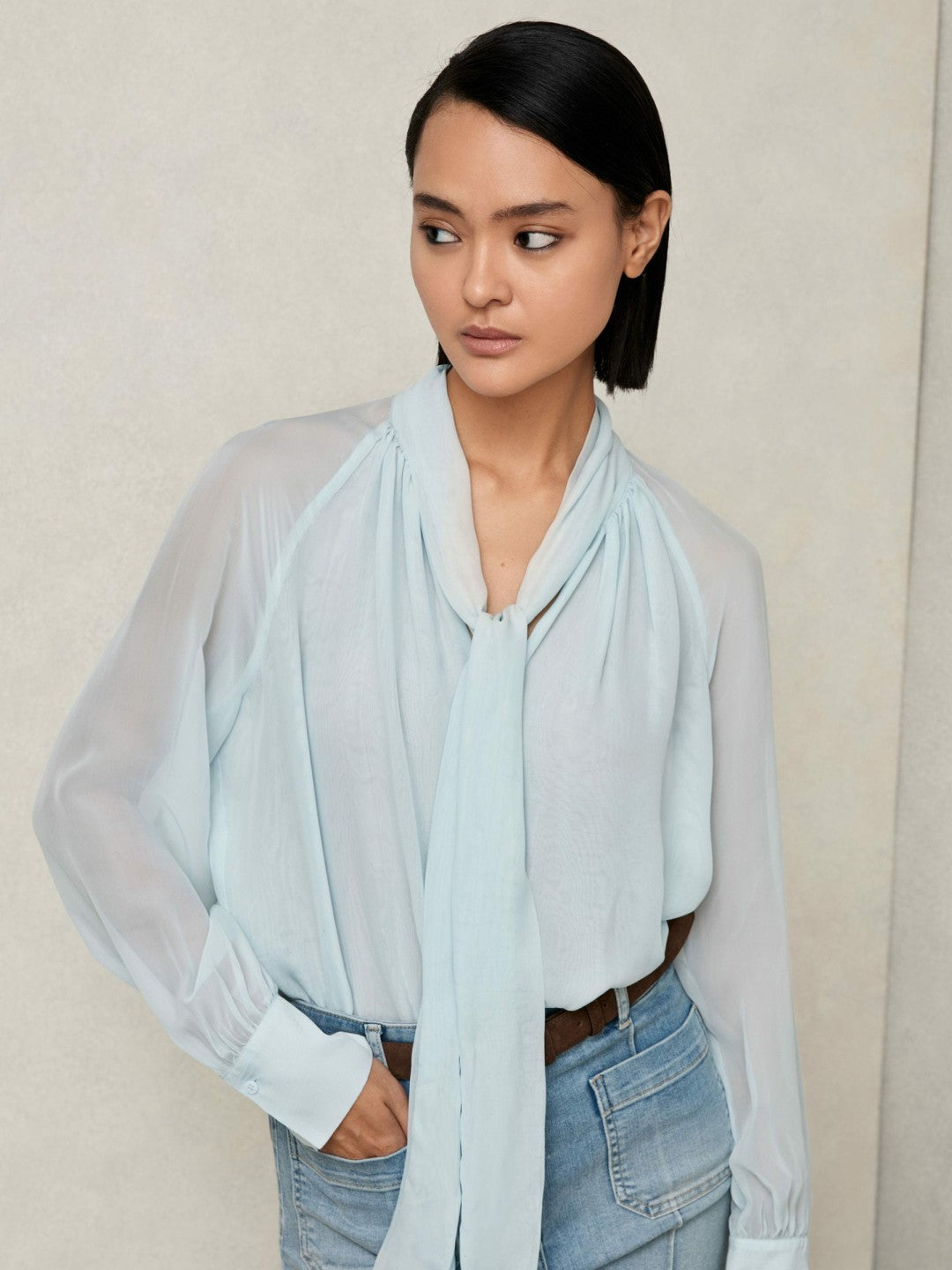 Silk Blend Chiffon Tie-Neck Blouse Pale Blue | Womens