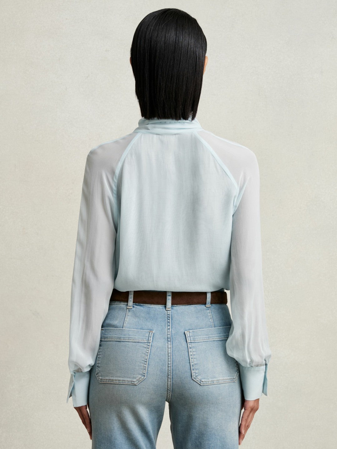 Silk Blend Chiffon Tie-Neck Blouse Pale Blue | Womens