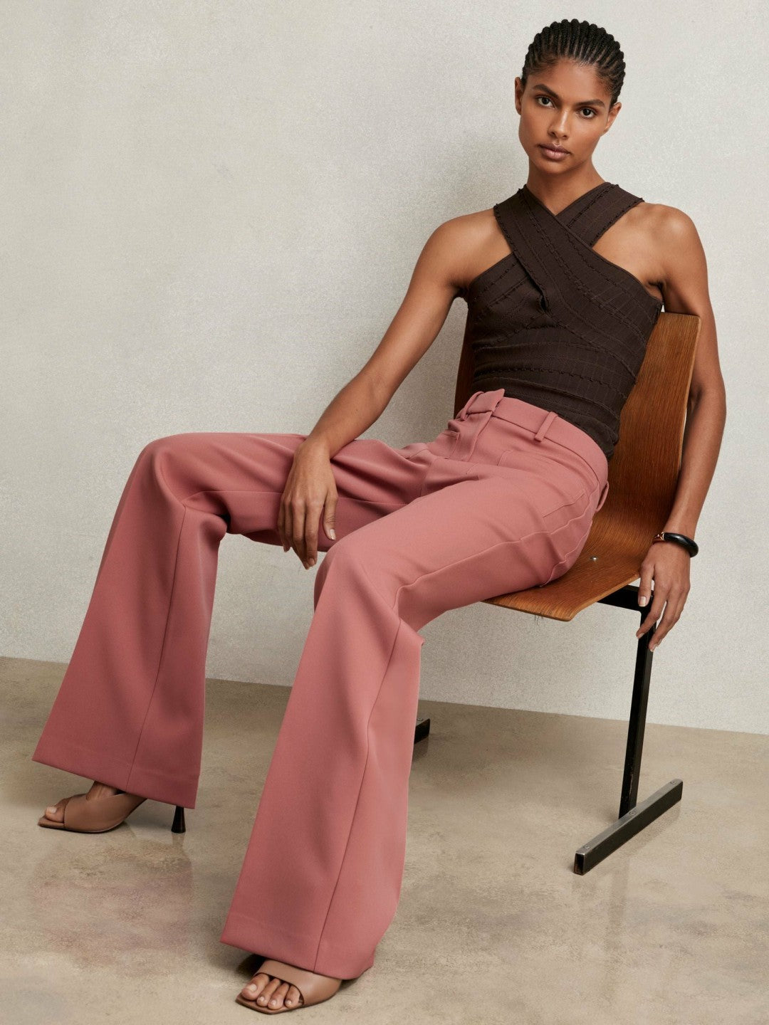 Petite Twill Patch-Pocket Flared Trousers Pink | Womens