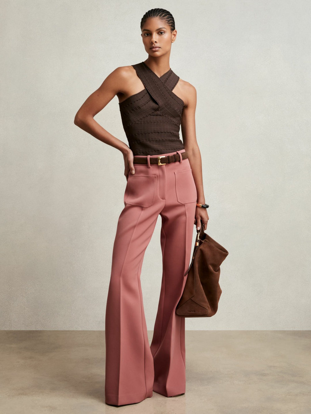Petite Twill Patch-Pocket Flared Trousers Pink | Womens