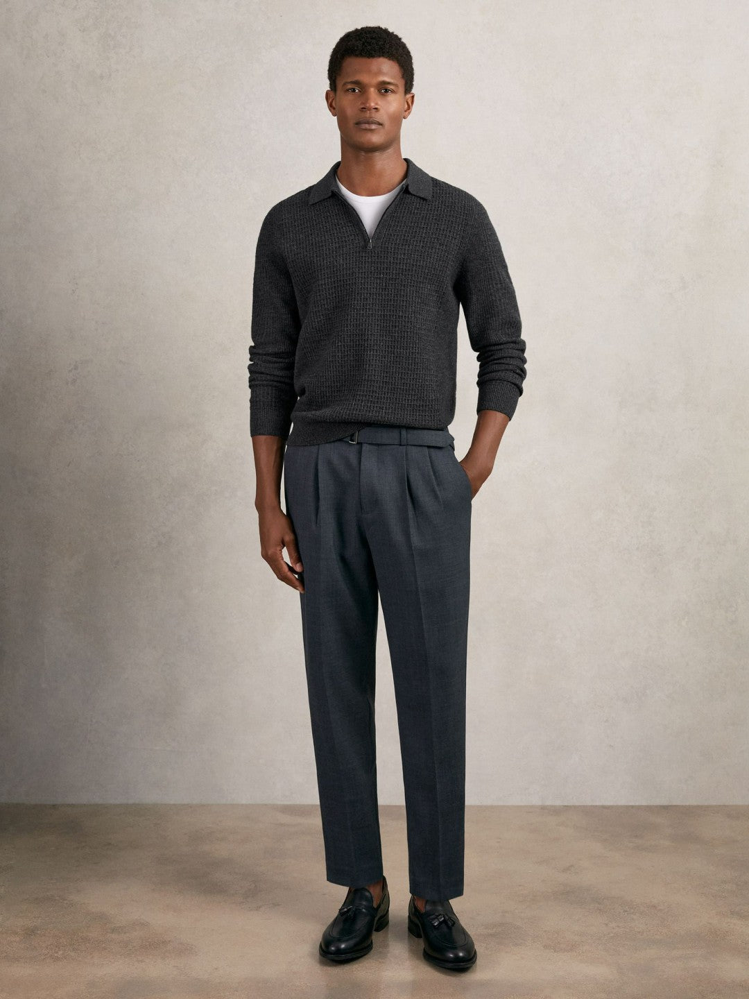 Wool Waffle-Knit Half-Zip Polo Shirt Charcoal Grey | Mens