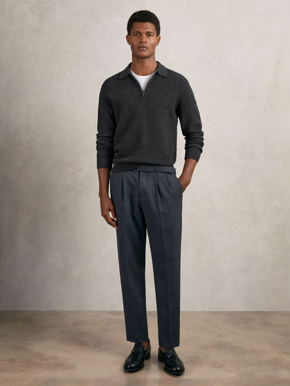Wool Waffle-Knit Half-Zip Polo Shirt Charcoal Grey | Mens