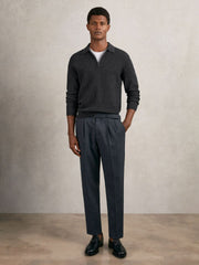 Wool Waffle-Knit Half-Zip Polo Shirt Charcoal Grey | Mens