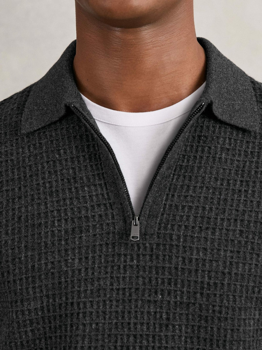 Wool Waffle-Knit Half-Zip Polo Shirt Charcoal Grey | Mens