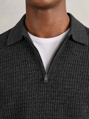 Wool Waffle-Knit Half-Zip Polo Shirt Charcoal Grey | Mens