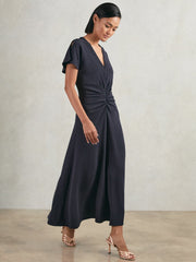 Petite Ruched-Front Midi Dress Navy | Womens