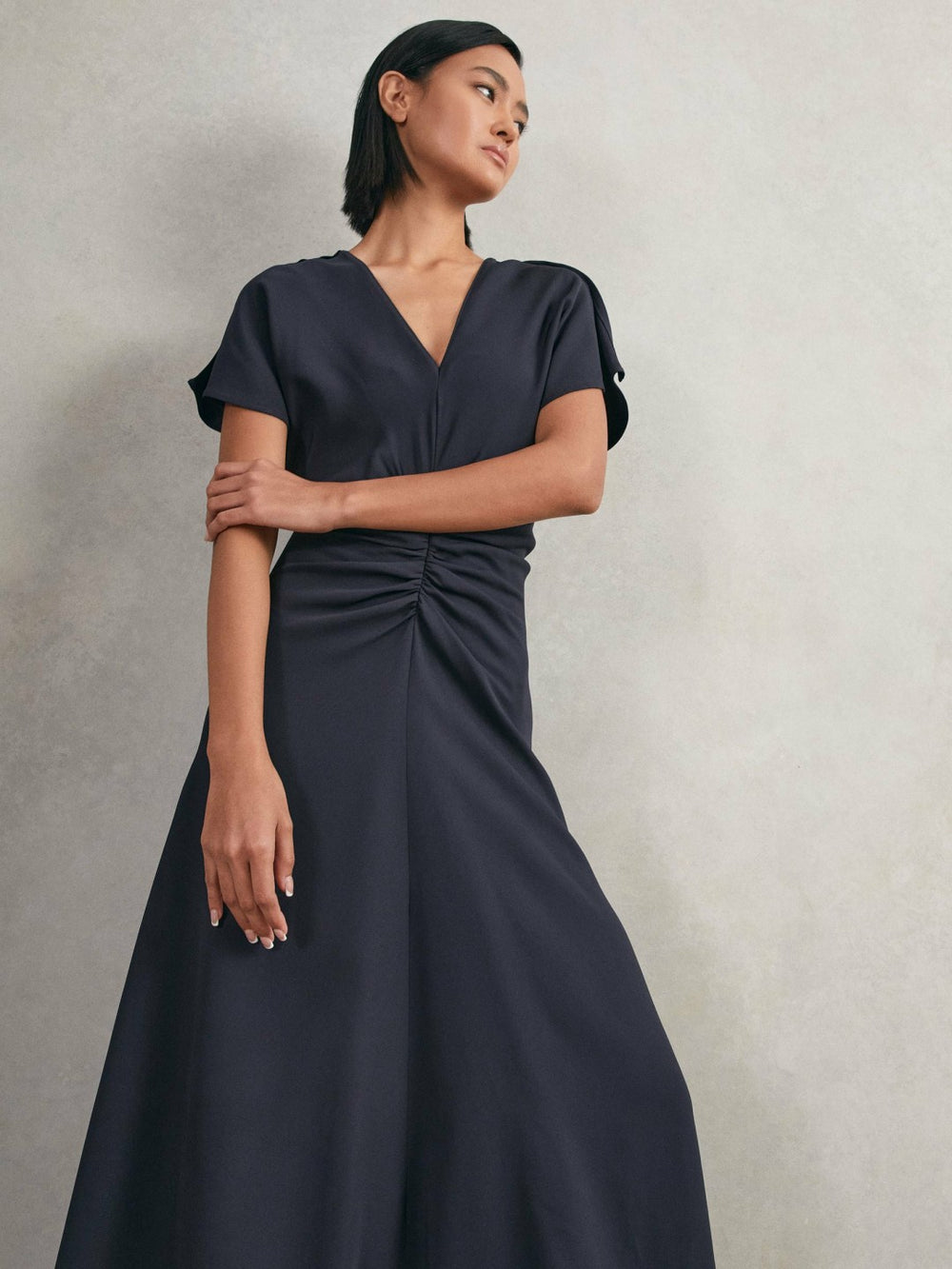 Petite Ruched-Front Midi Dress Navy | Womens