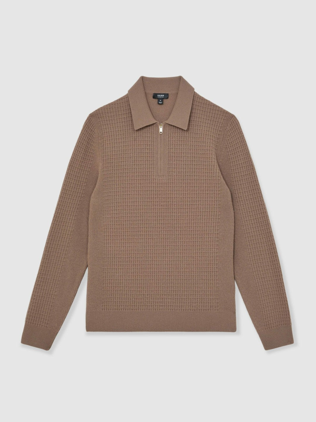 Wool Waffle-Knit Half-Zip Polo Shirt Camel Brown | Mens