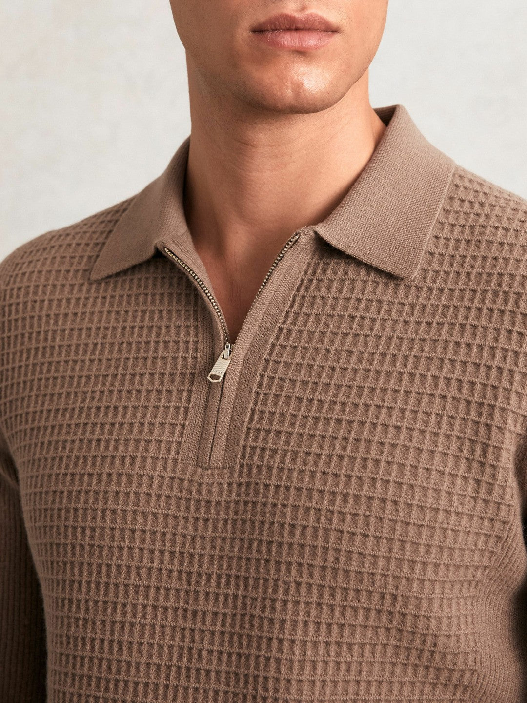 Wool Waffle-Knit Half-Zip Polo Shirt Camel Brown | Mens