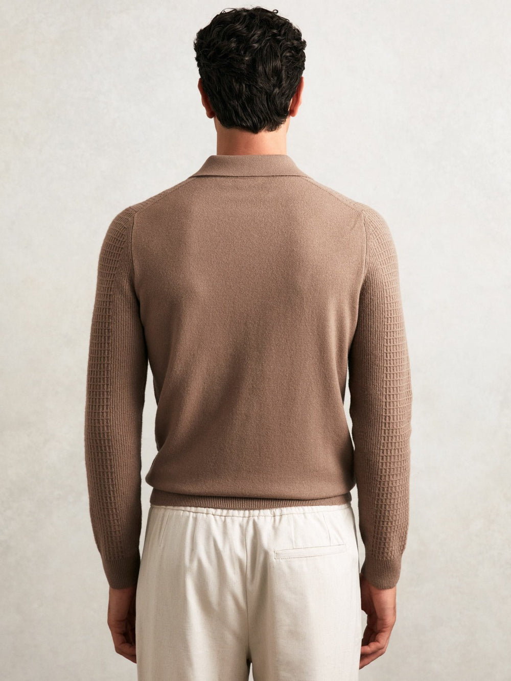 Wool Waffle-Knit Half-Zip Polo Shirt Camel Brown | Mens