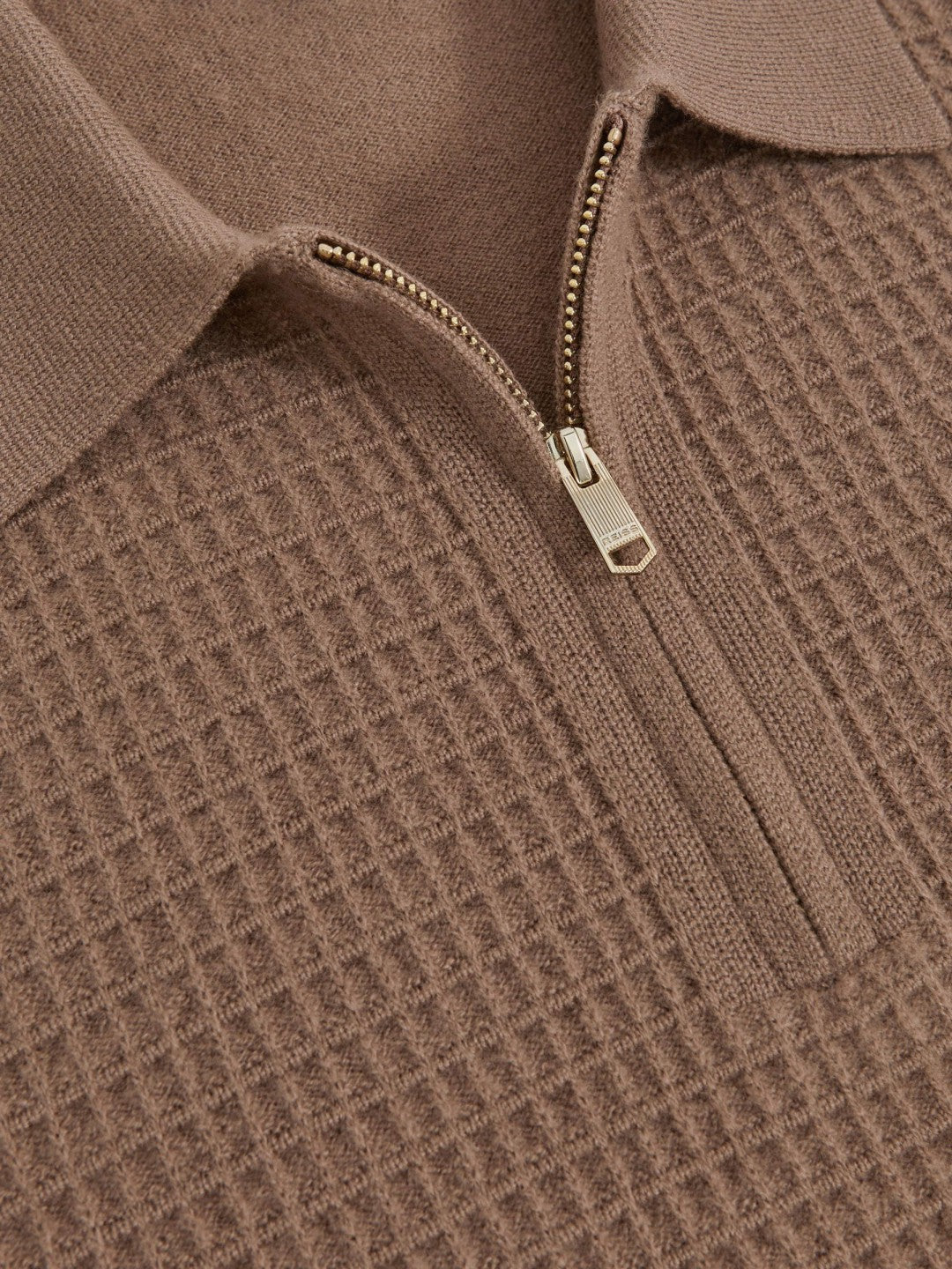 Wool Waffle-Knit Half-Zip Polo Shirt Camel Brown | Mens