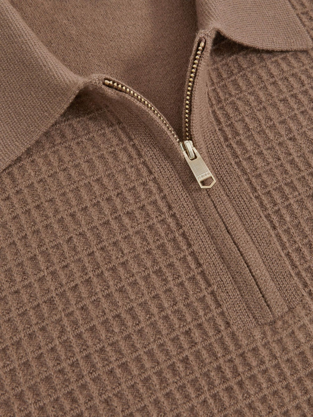Wool Waffle-Knit Half-Zip Polo Shirt Camel Brown | Mens