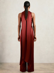 Satin Cape-Sash Jumpsuit Dark Red | Womens