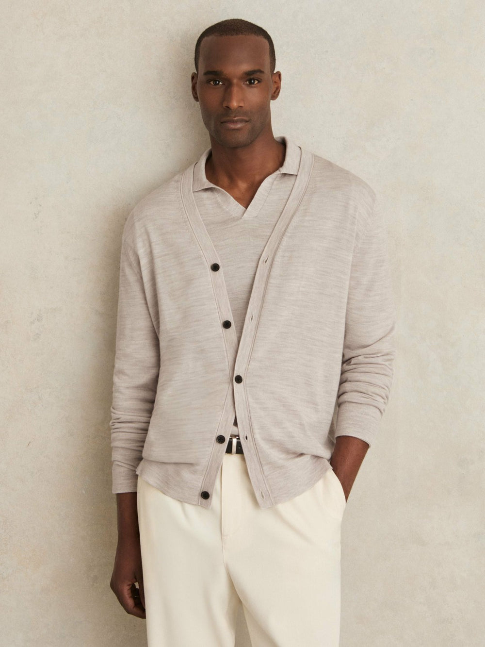 Merino Wool Button-Through Cardigan Wicker Brown Melange | Mens