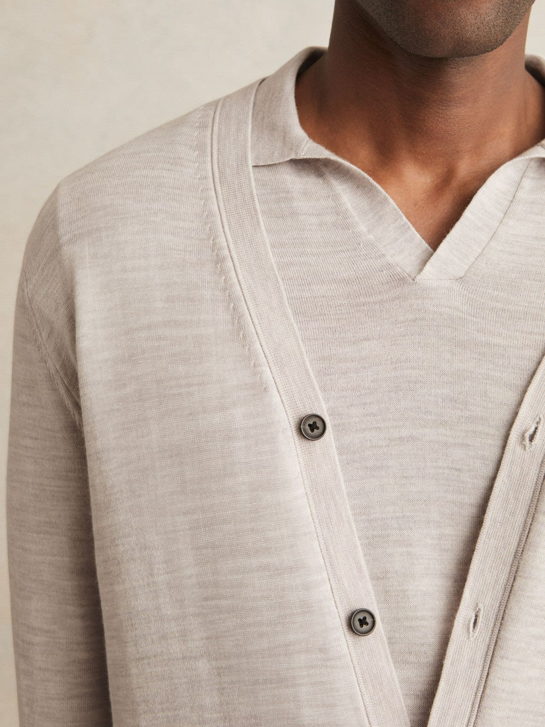 Merino Wool Button-Through Cardigan Wicker Brown Melange | Mens