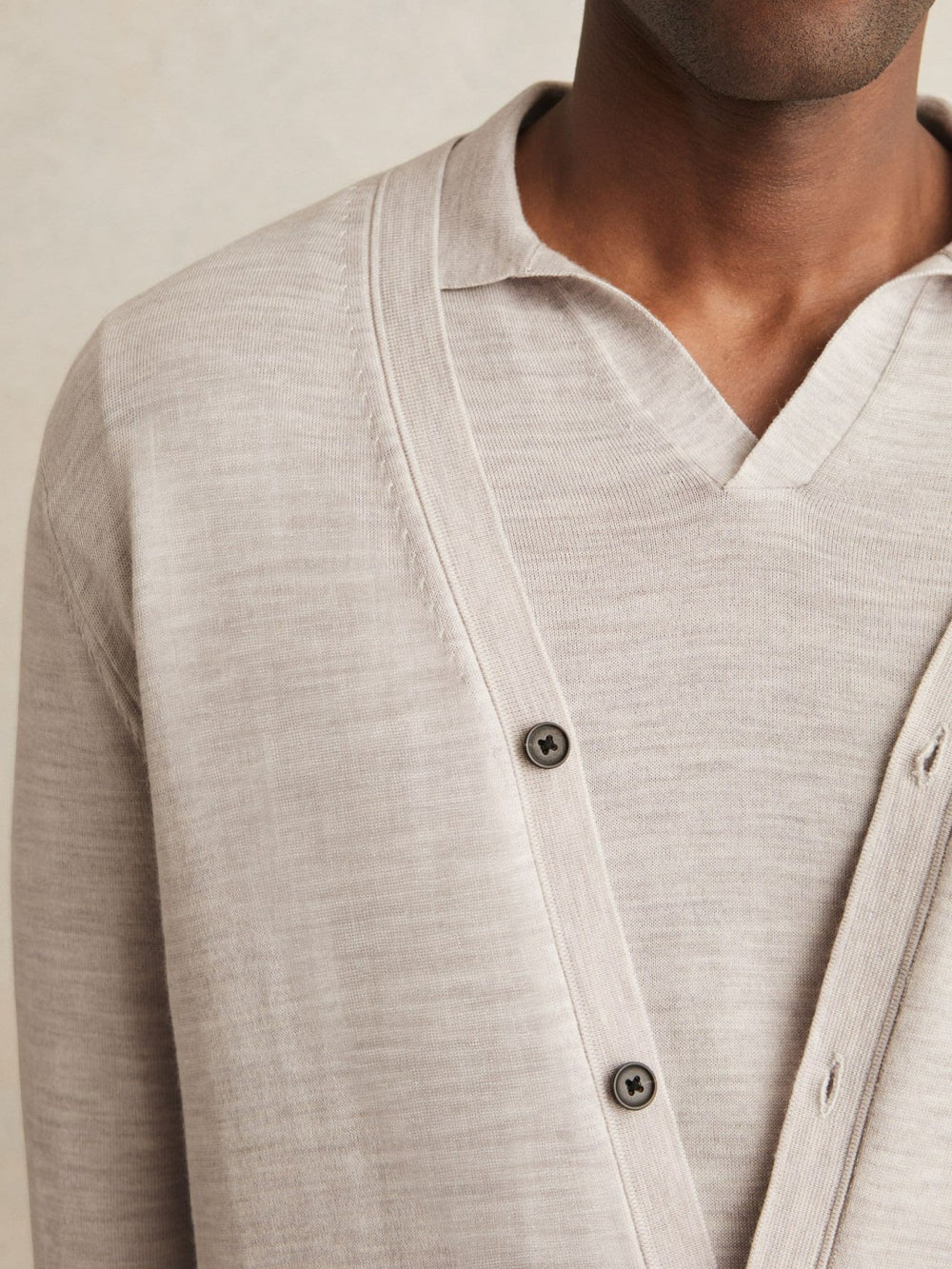 Merino Wool Button-Through Cardigan Wicker Brown Melange | Mens