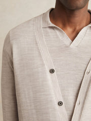Merino Wool Button-Through Cardigan Wicker Brown Melange | Mens