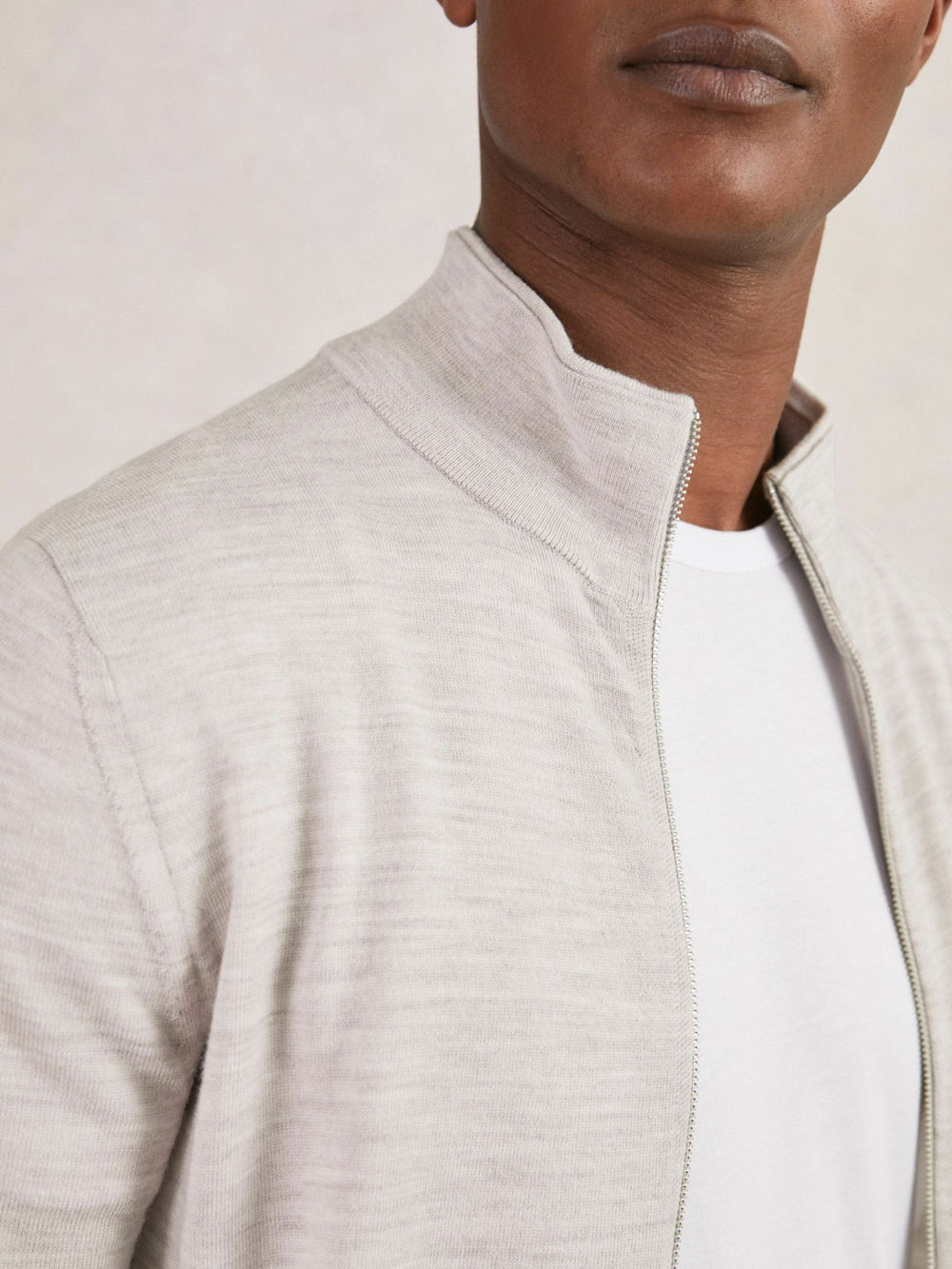 Merino Wool Zip Through Cardigan Wicker Brown Melange | Mens