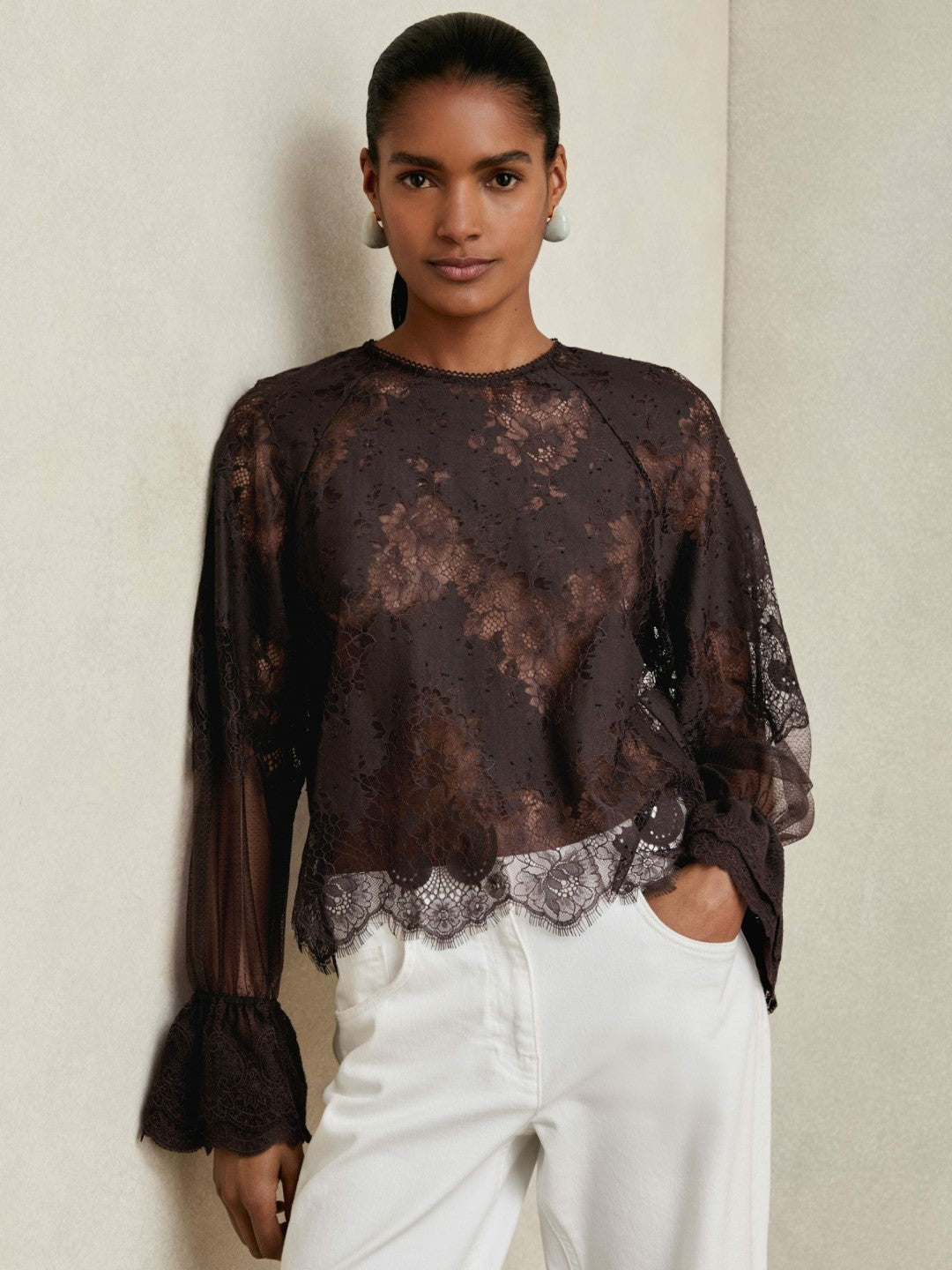 Lace Flared Cuff Blouse Chocolate Brown | Womens