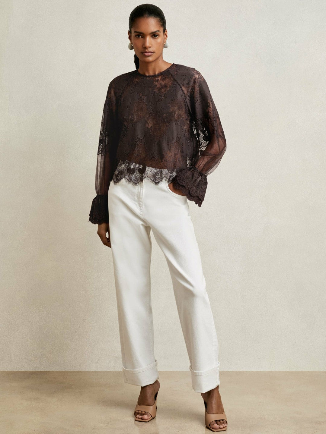 Lace Flared Cuff Blouse Chocolate Brown | Womens