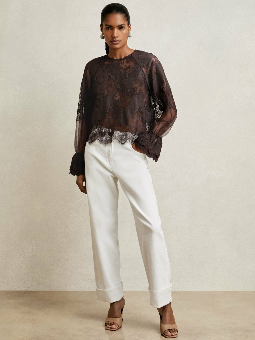 Lace Flared Cuff Blouse Chocolate Brown | Womens