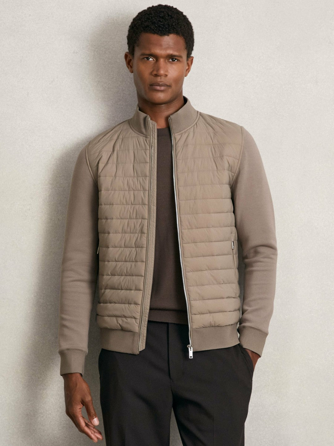 Hybrid Quilt and Knit Zip-Through Jacket Taupe Brown | Mens