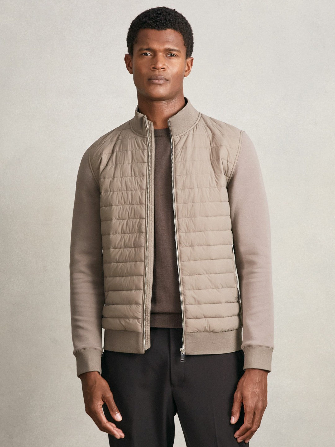 Hybrid Quilt and Knit Zip-Through Jacket Taupe Brown | Mens