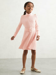 3-9 yrs Rib-Knit Roll-Neck Belted Dress Pink | Children