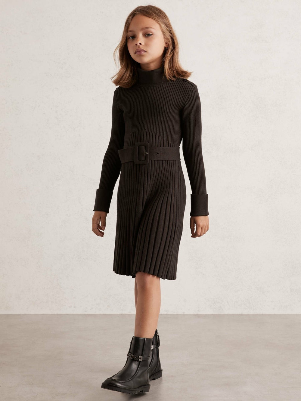 3-9 yrs Rib-Knit Roll-Neck Belted Dress Chocolate | Children