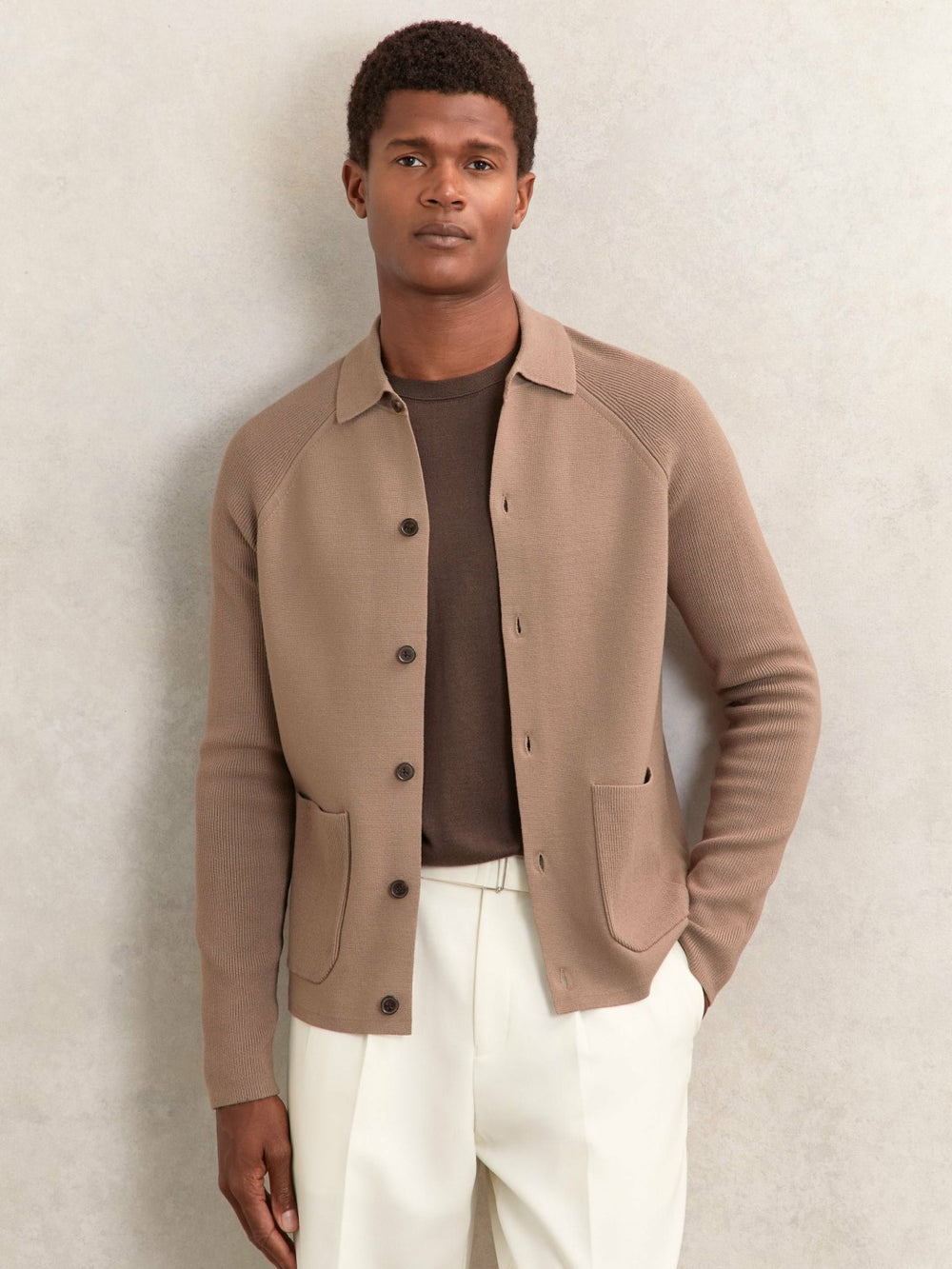 Button-Through Ribbed-Sleeve Shirt Camel Brown | Mens