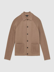 Button-Through Ribbed-Sleeve Shirt Camel Brown | Mens