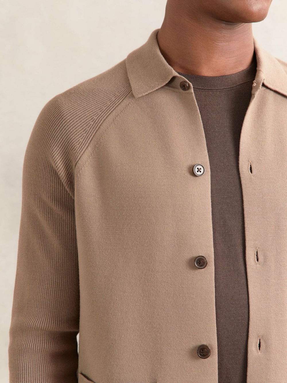 Button-Through Ribbed-Sleeve Shirt Camel Brown | Mens