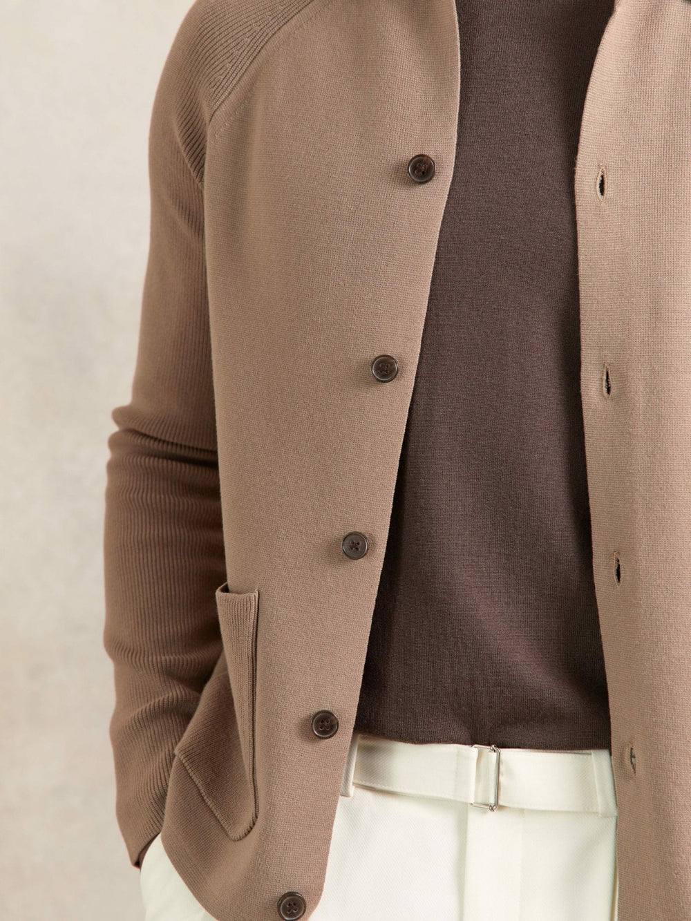 Button-Through Ribbed-Sleeve Shirt Camel Brown | Mens