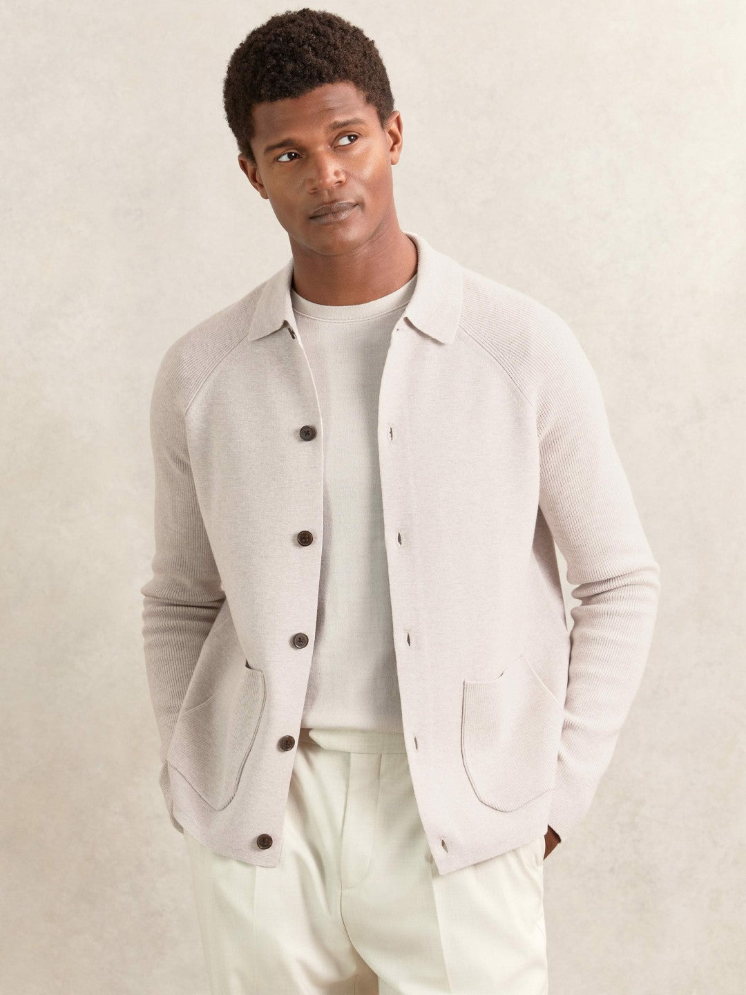 Button-Through Ribbed-Sleeve Shirt Oatmeal Brown | Mens