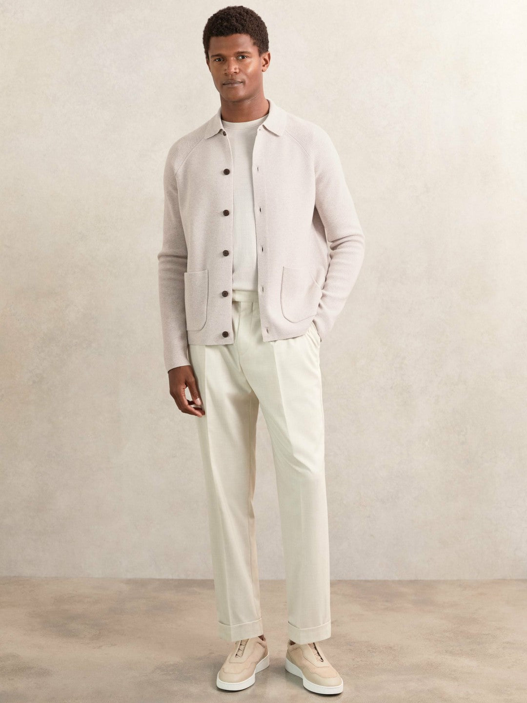Button-Through Ribbed-Sleeve Shirt Oatmeal Brown | Mens