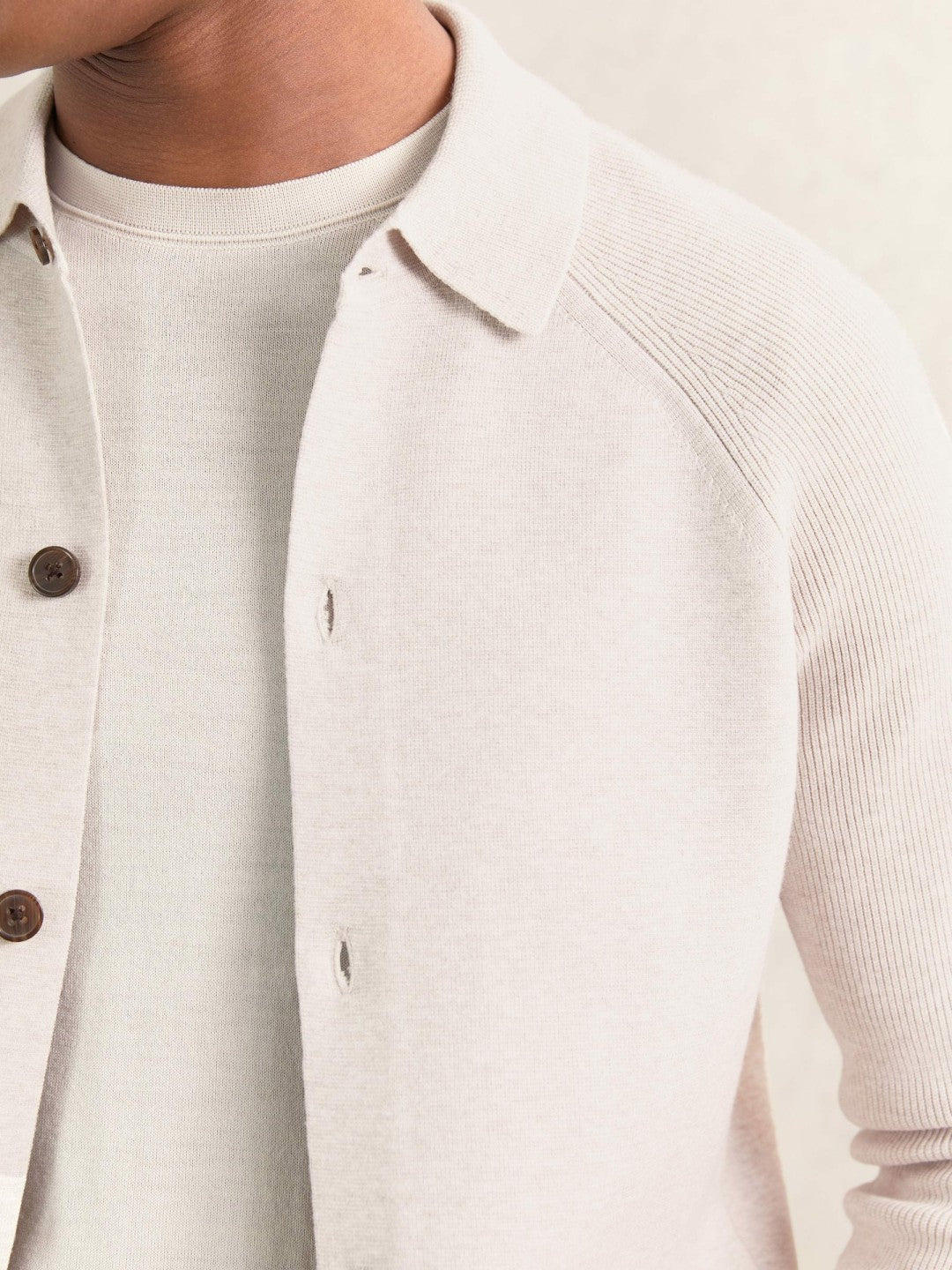 Button-Through Ribbed-Sleeve Shirt Oatmeal Brown | Mens