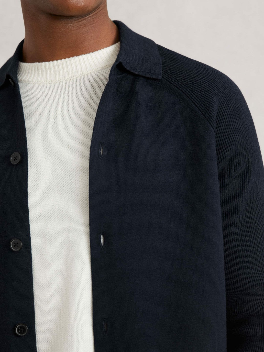 Button-Through Ribbed-Sleeve Shirt Navy Blue | Mens
