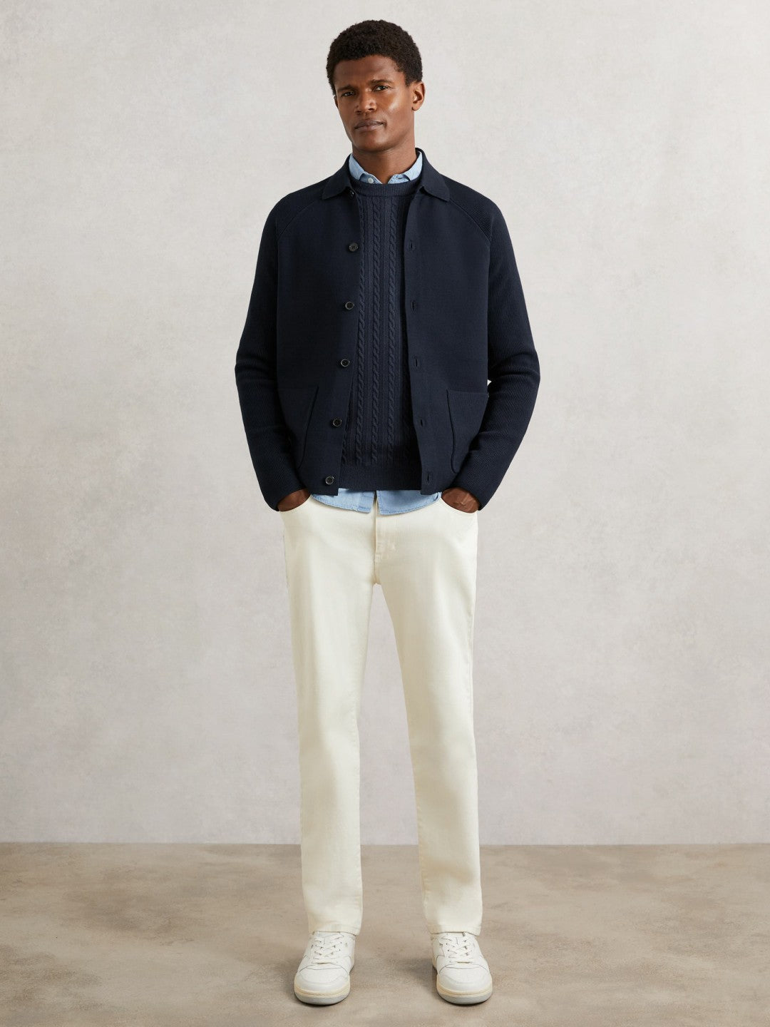 Button-Through Ribbed-Sleeve Shirt Navy Blue | Mens
