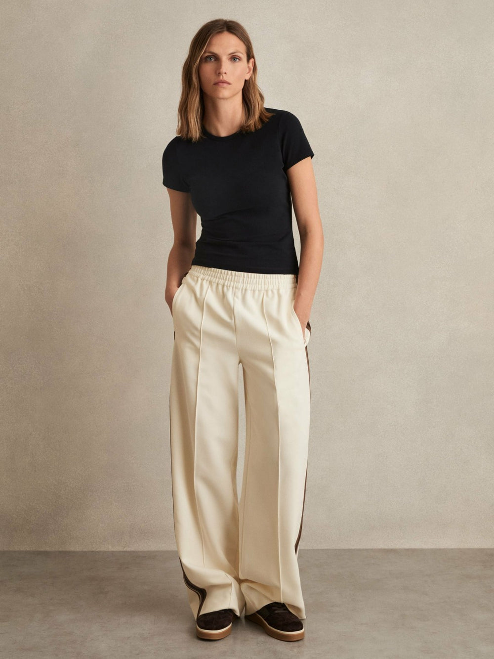 Petite Side-Stripe Wide-Leg Trousers Cream | Womens
