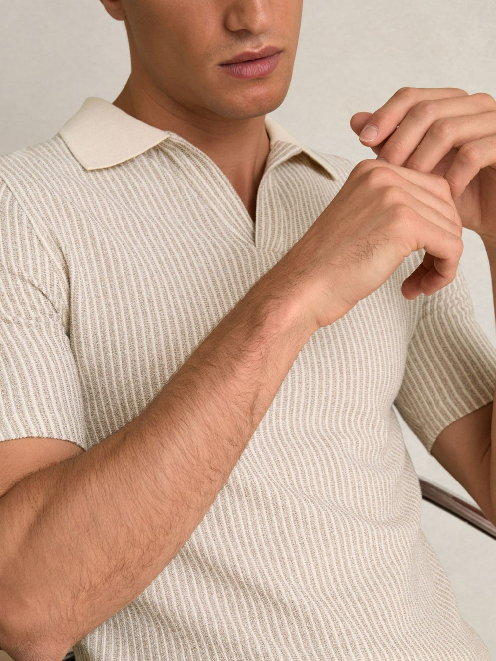 Cotton-Blend Stripe Polo Shirt Ecru/Taupe Brown | Mens