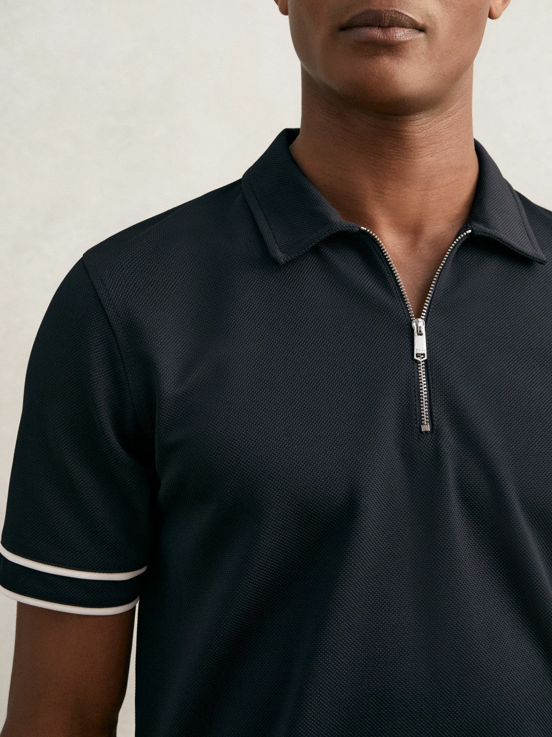 Textured Half-Zip Tipped Polo Shirt Navy | Mens
